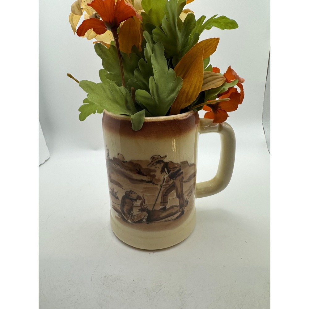 Vintage McCoy‎ Pottery Mug Western Scene Handle with fake flowers